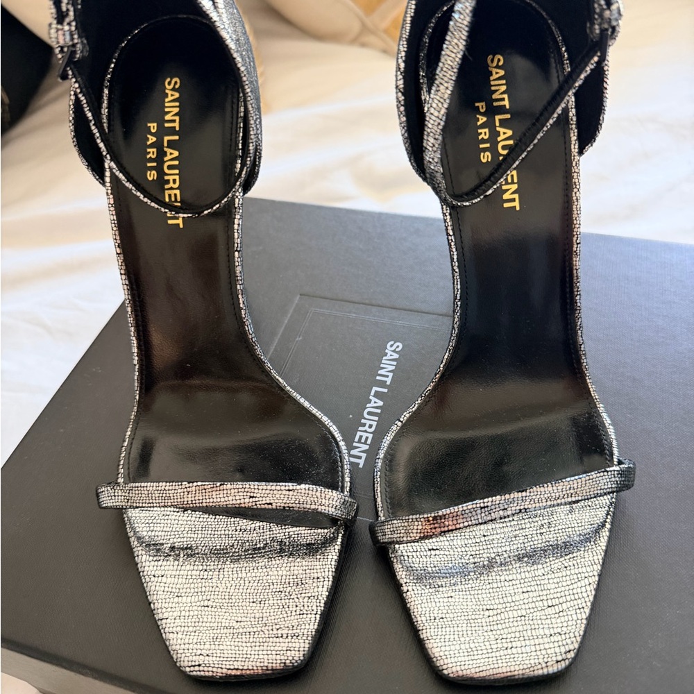 Saint Laurent Opyum YSL Heel Sandals Silver 39+ $1195 Retail - Picture 2 of 8